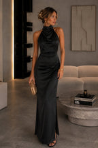 Plunging Neck Maxi Black Satin Dress