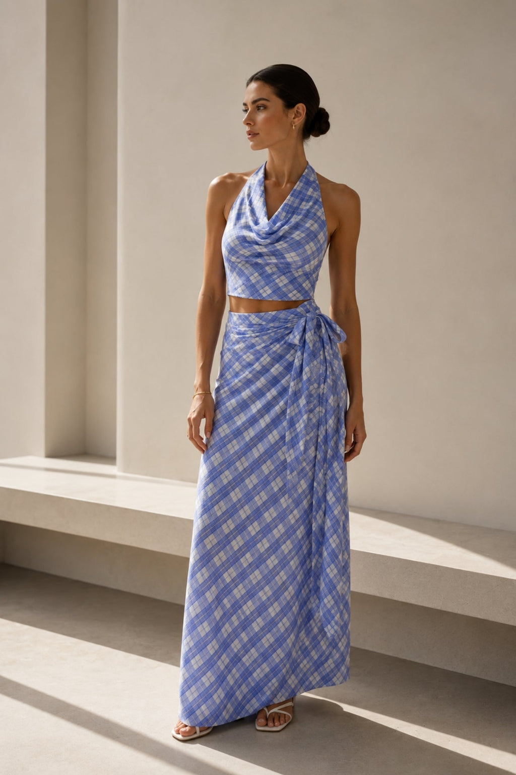 Blue Plaid Drape Neck Blouse Skirt Set with Tie Detail