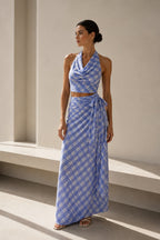 Blue Plaid Drape Neck Blouse Skirt Set with Tie Detail