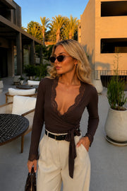 Brown Lace Wrap Blouse