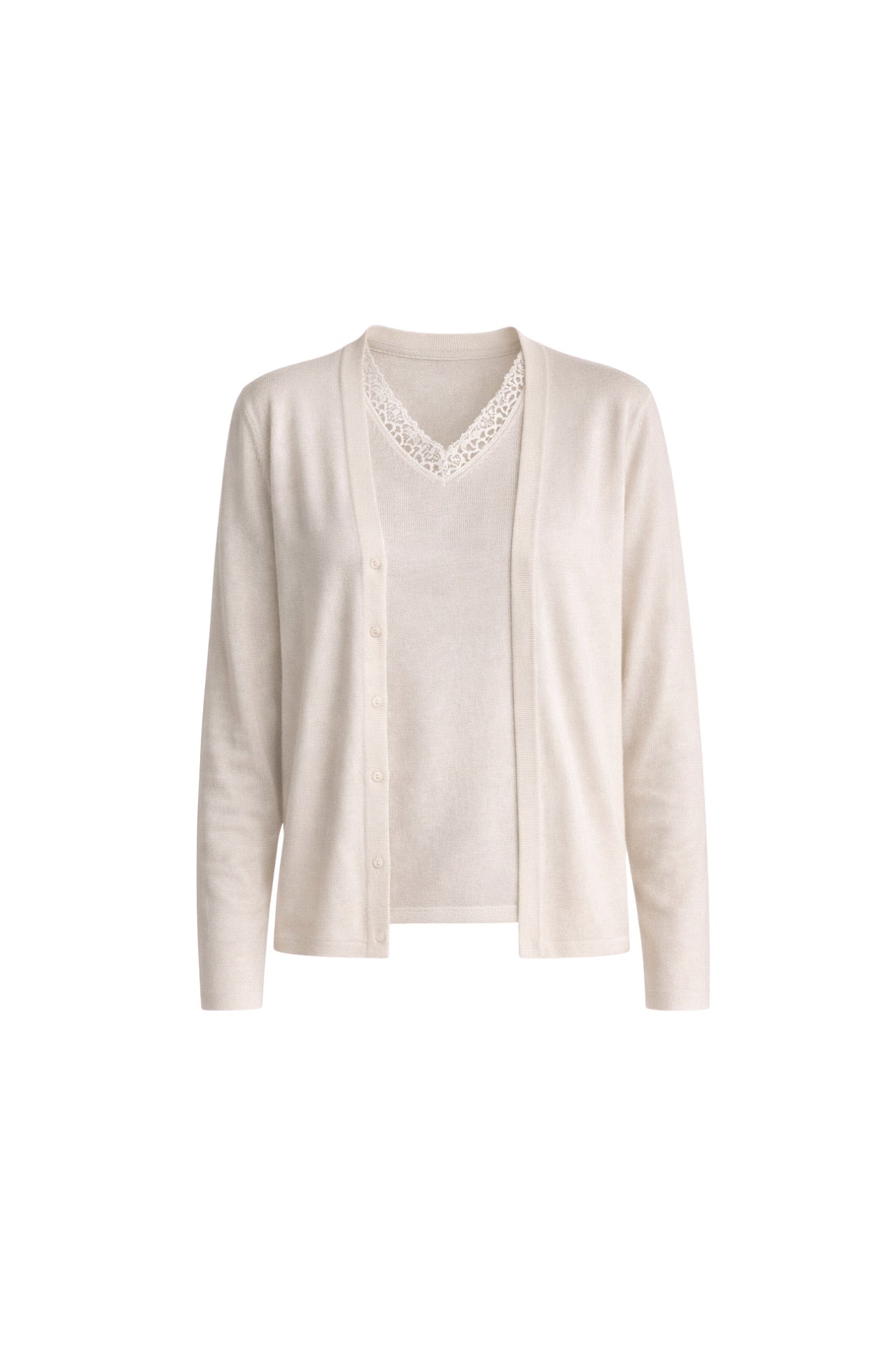 Button Detail Fine Blouse V-Neck Lace Blouse Two-piece Beige Knit Set
