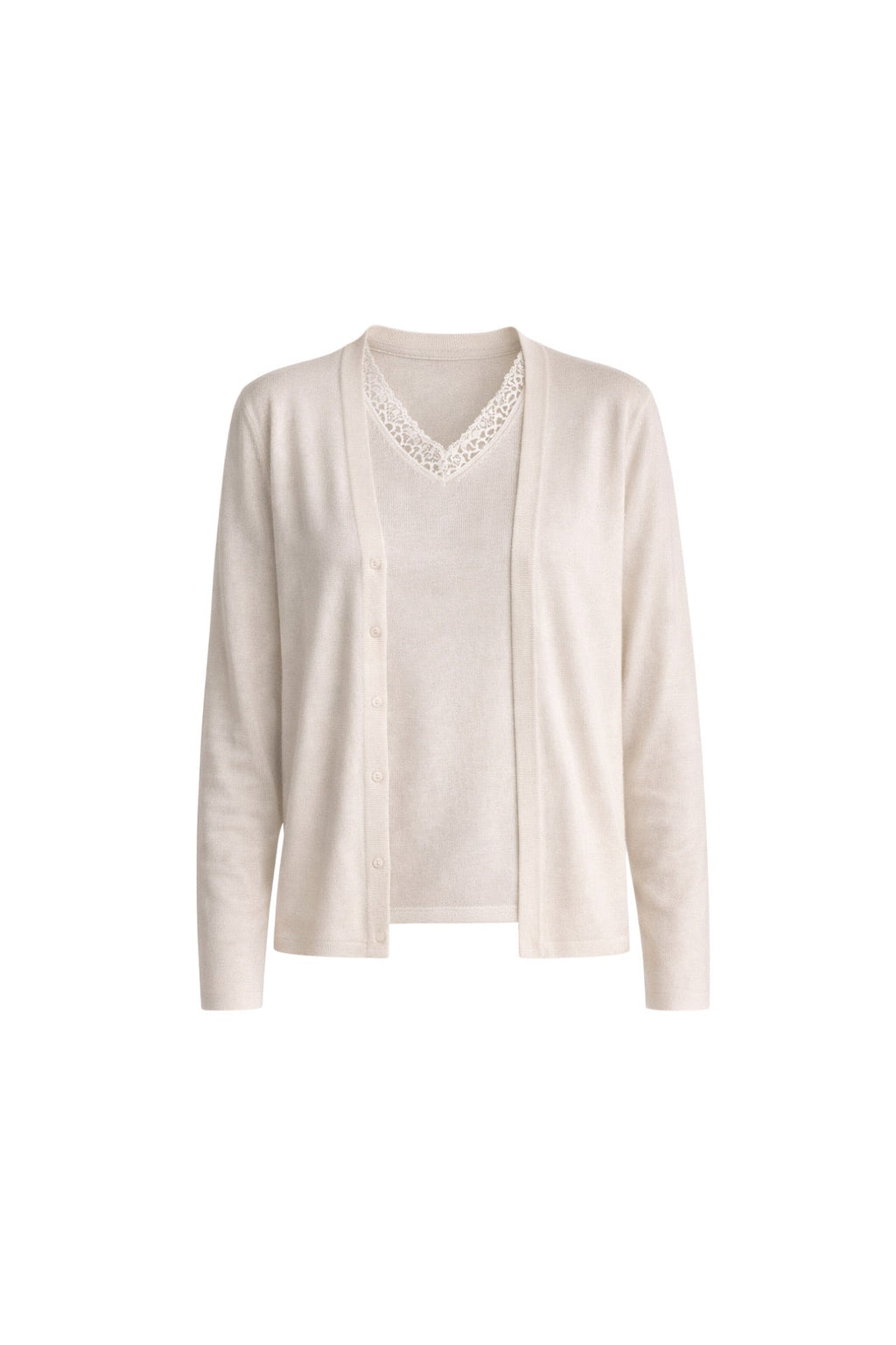 Button Detail Thin Blouse V-Neck Lace Blouse Two-Piece White Knit Set