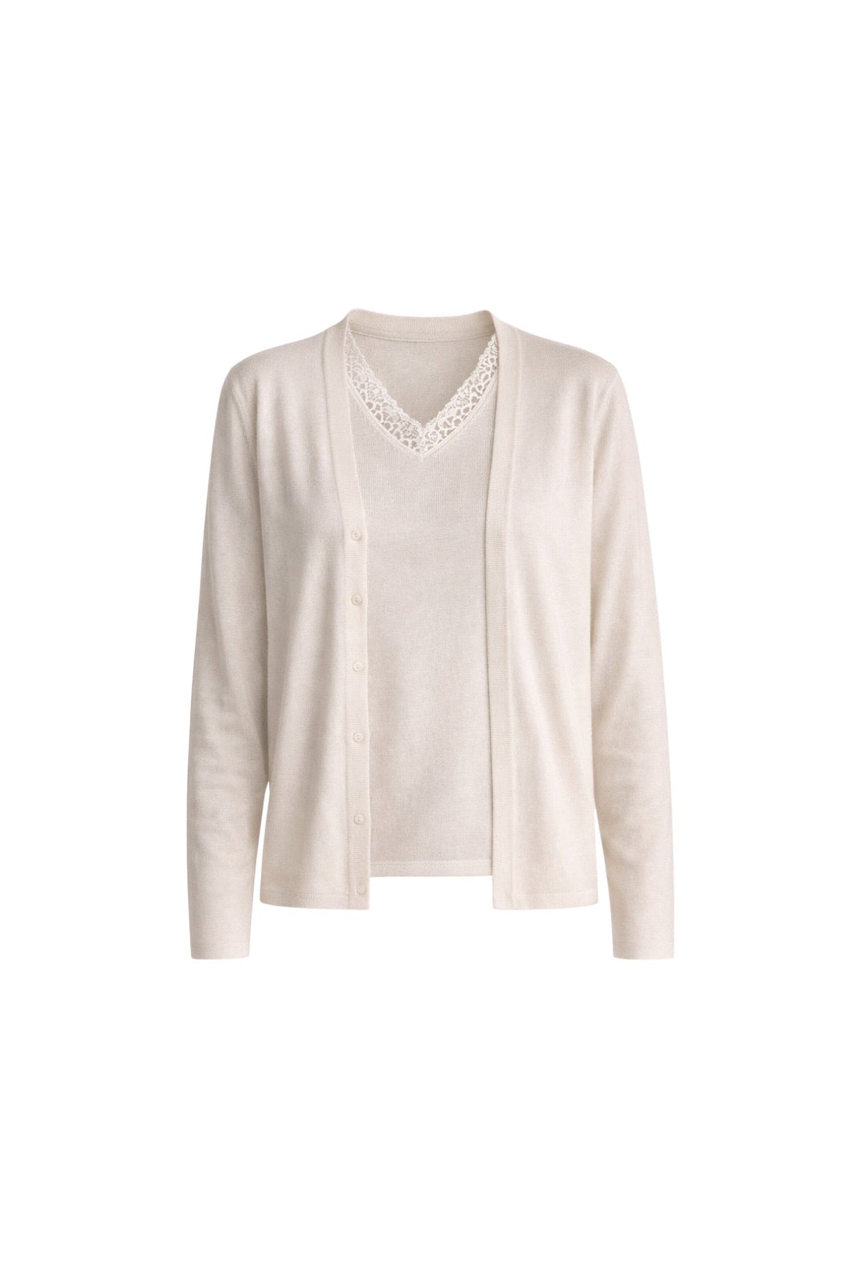 Button Detail Thin Blouse V-Neck Lace Blouse Two-Piece White Knit Set