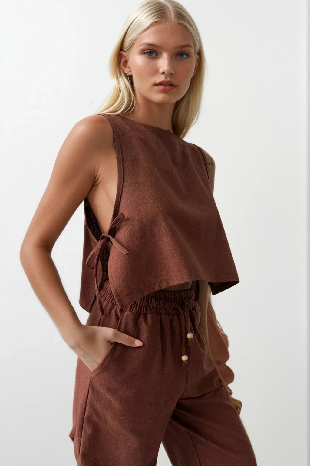 Drawstring Waist Straight Cut Brown Pants