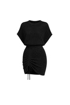 Boat Neck Skirt Ruched Detail Openwork Black Dress