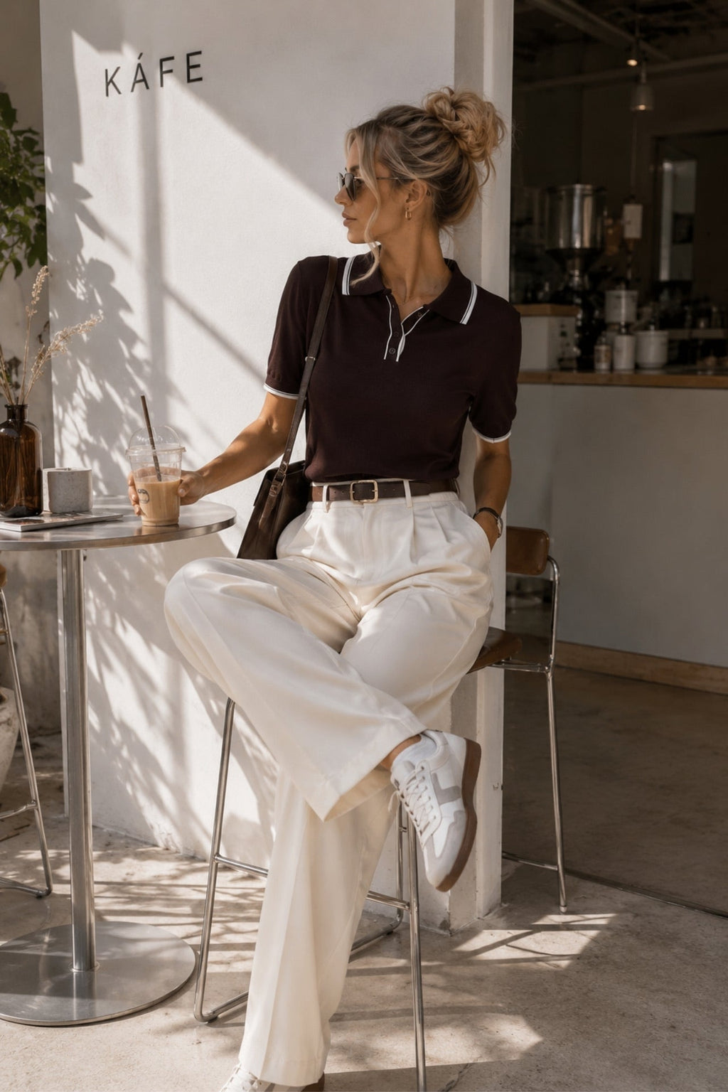 Stripe Detail Polo Neck Buttoned Brown Knitwear Blouse