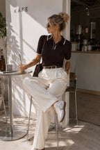 Stripe Detail Polo Neck Buttoned Brown Knitwear Blouse