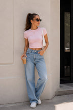 Crew Neck Lycra Pink Crop T-Shirt