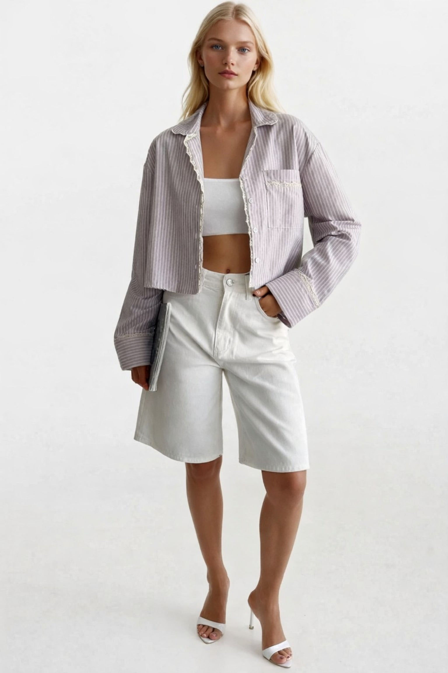 Striped Pocket Detail Crop Pink Shirt
