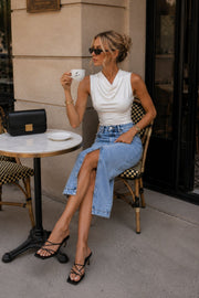 Slit Detail Denim Midi Light Blue Skirt