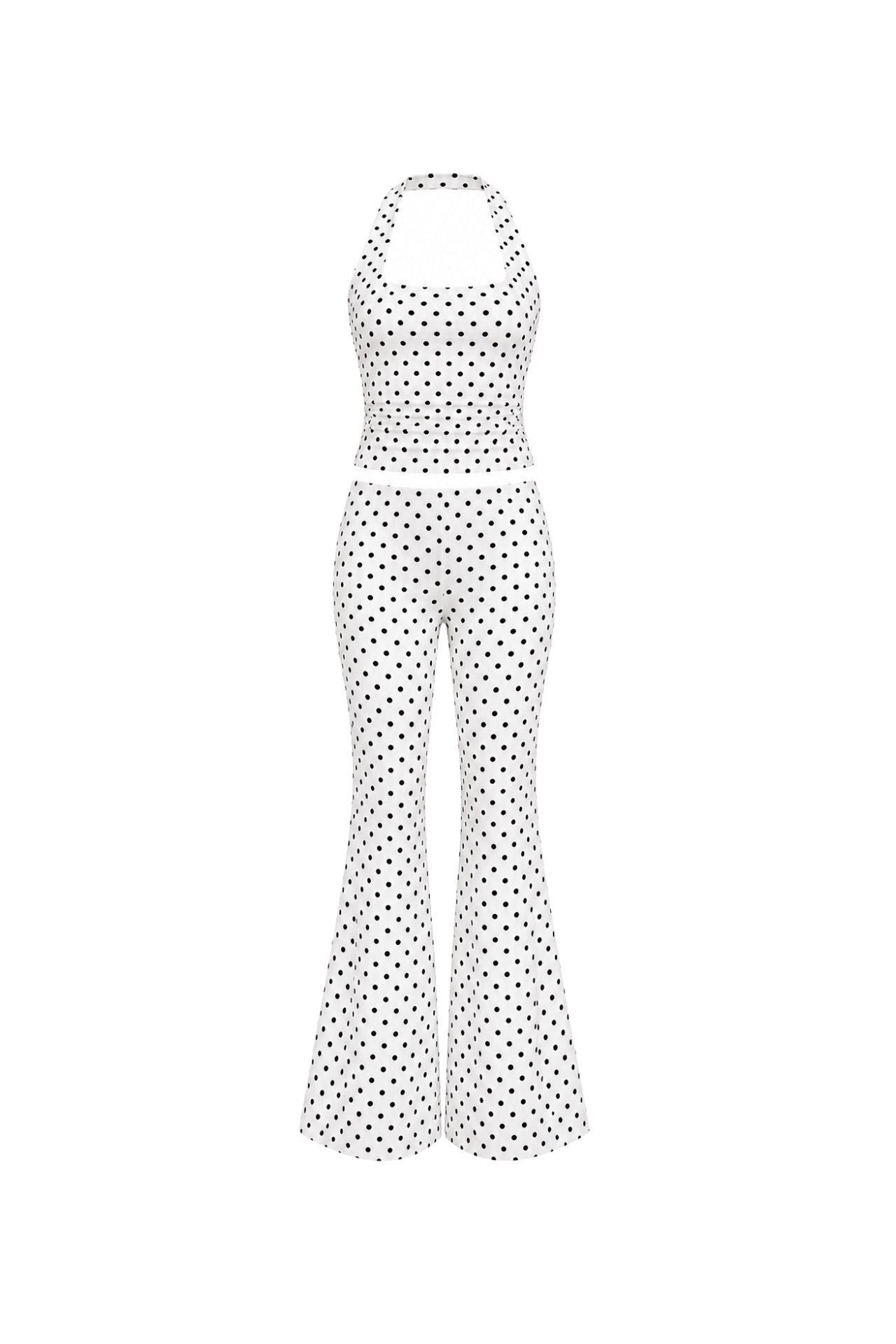 Polka Dot Pattern Thick Strap Blouse Wide Leg Trousers Double White Suit