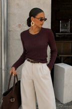 Knit Pattern Long Sleeve Basic Brown Textured Blouse