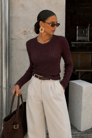 Knit Pattern Long Sleeve Basic Brown Textured Blouse