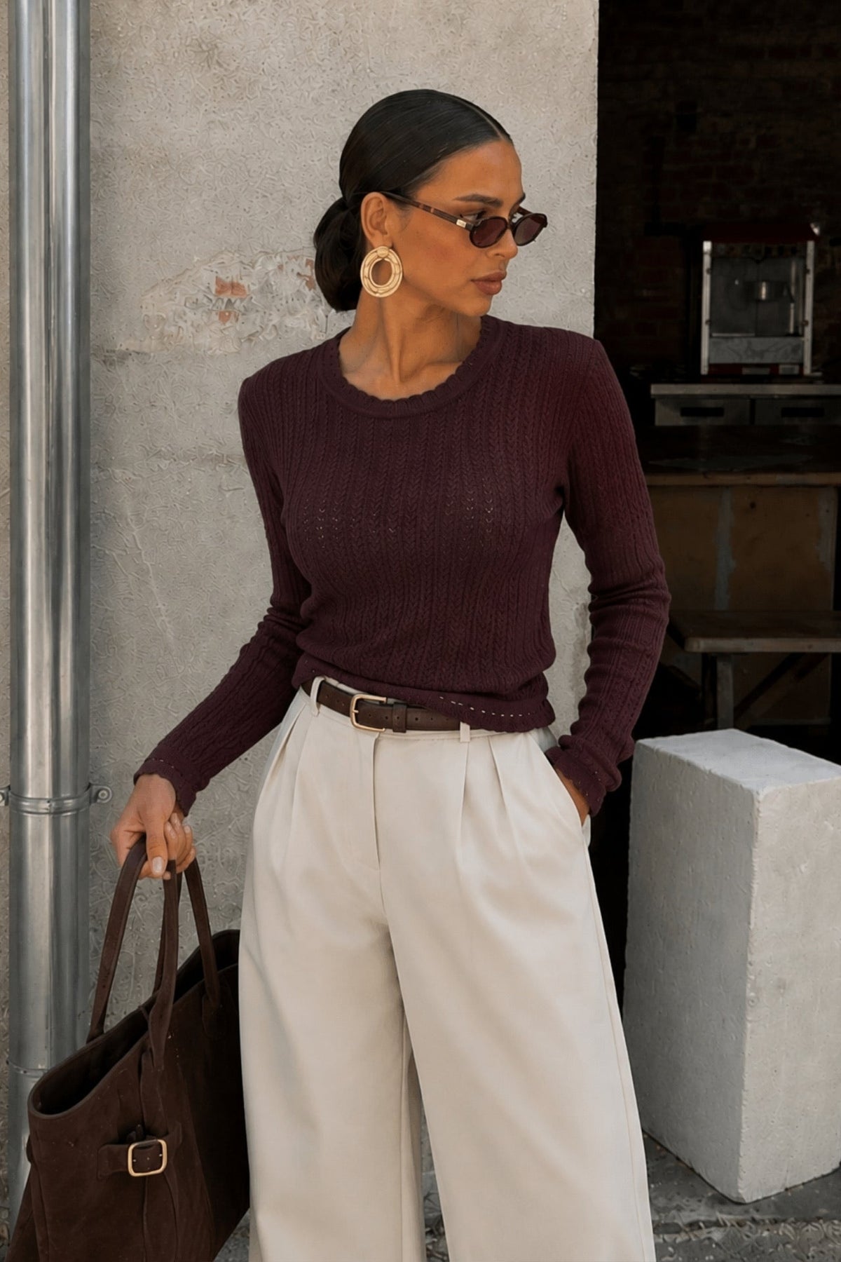 Knit Pattern Long Sleeve Basic Brown Textured Blouse