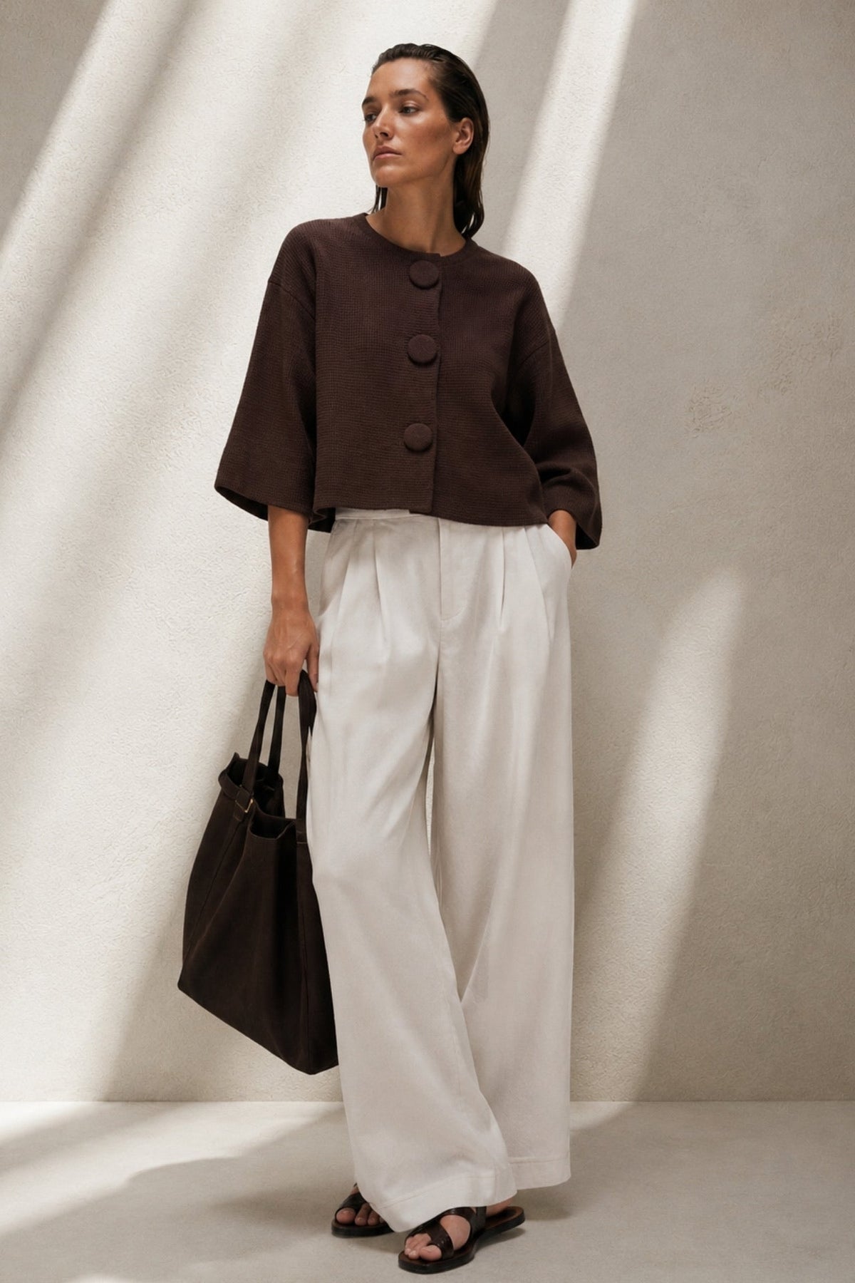 Button Detail Yarasa Sleeve Brown Knit Cardigan