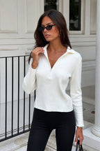 Fermuar Detail Fitted Waist Polo Collar White Blouse