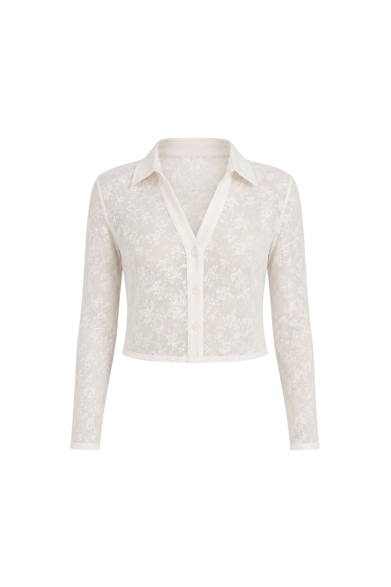 Polo Neck Guipure White Crop Shirt