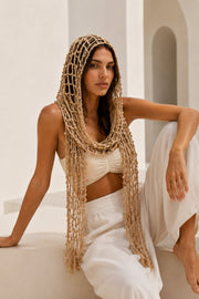 Pearl Detail Tie-Up Beige Hair Accessory