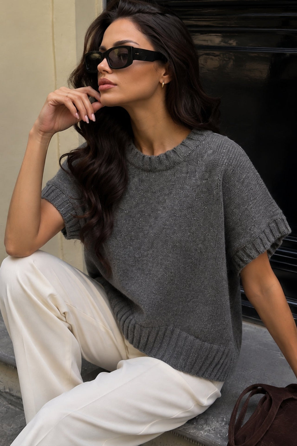 Basic Oversized Charcoal Knit Sweater Vest