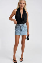 Laser Cut Denim Mini Blue Skirt