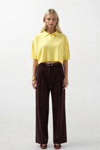 Polo Collar Textured Crop Yellow Blouse