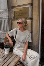 Washed Eyelet Detail Beige T-Shirt