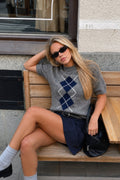 Baklava Pattern Short-Sleeve Textured Charcoal Blouse