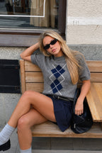 Baklava Pattern Short-Sleeve Textured Charcoal Blouse