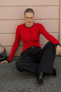 Button Detail Double-Collar Textured Red Blouse