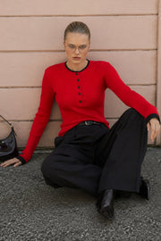 Button Detail Double-Collar Textured Red Blouse