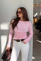 Gipe Detail Fitted Waist Boat-Neck Pink Blouse