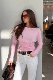 Gipe Detail Fitted Waist Boat-Neck Pink Blouse