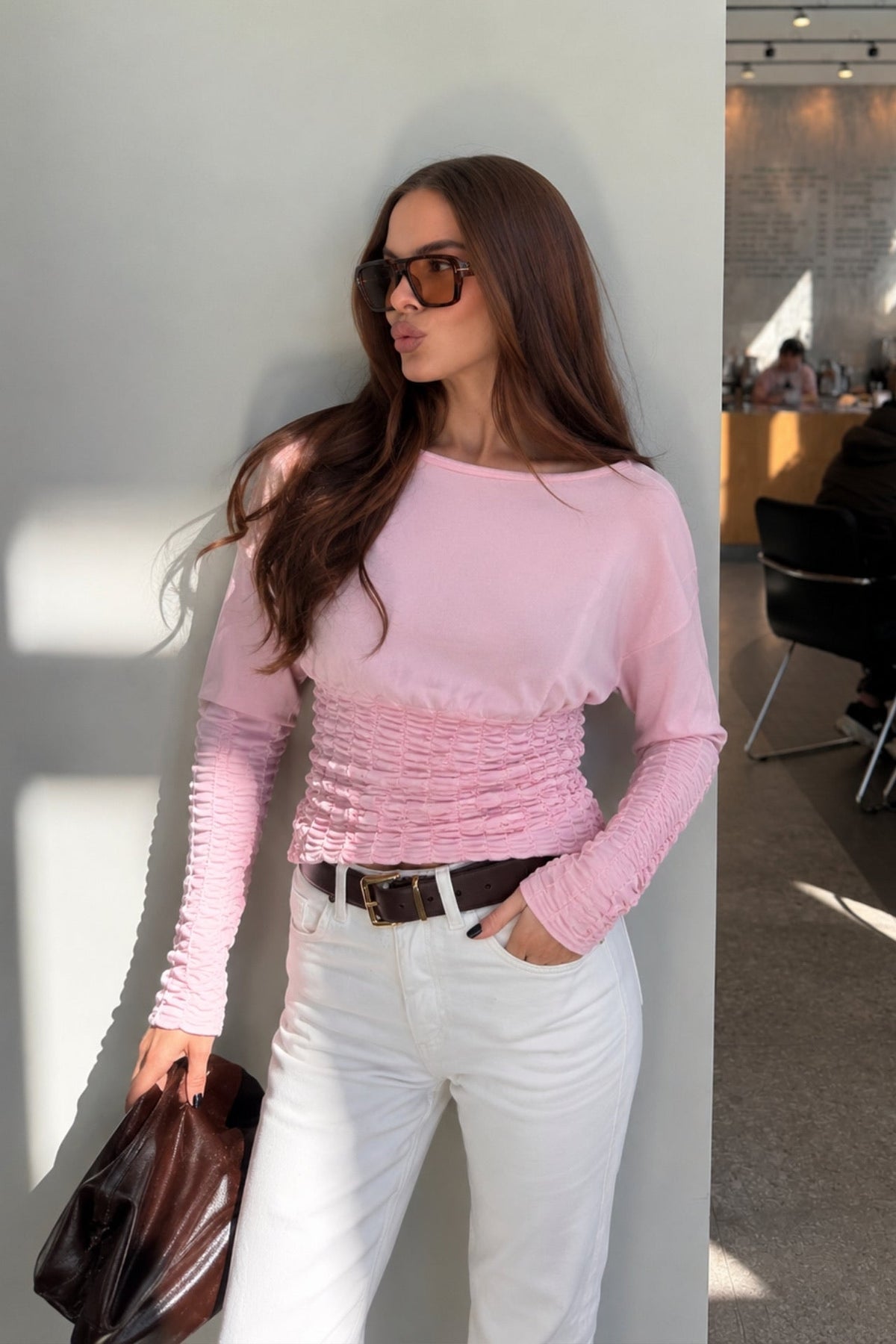 Gipe Detail Fitted Waist Boat-Neck Pink Blouse