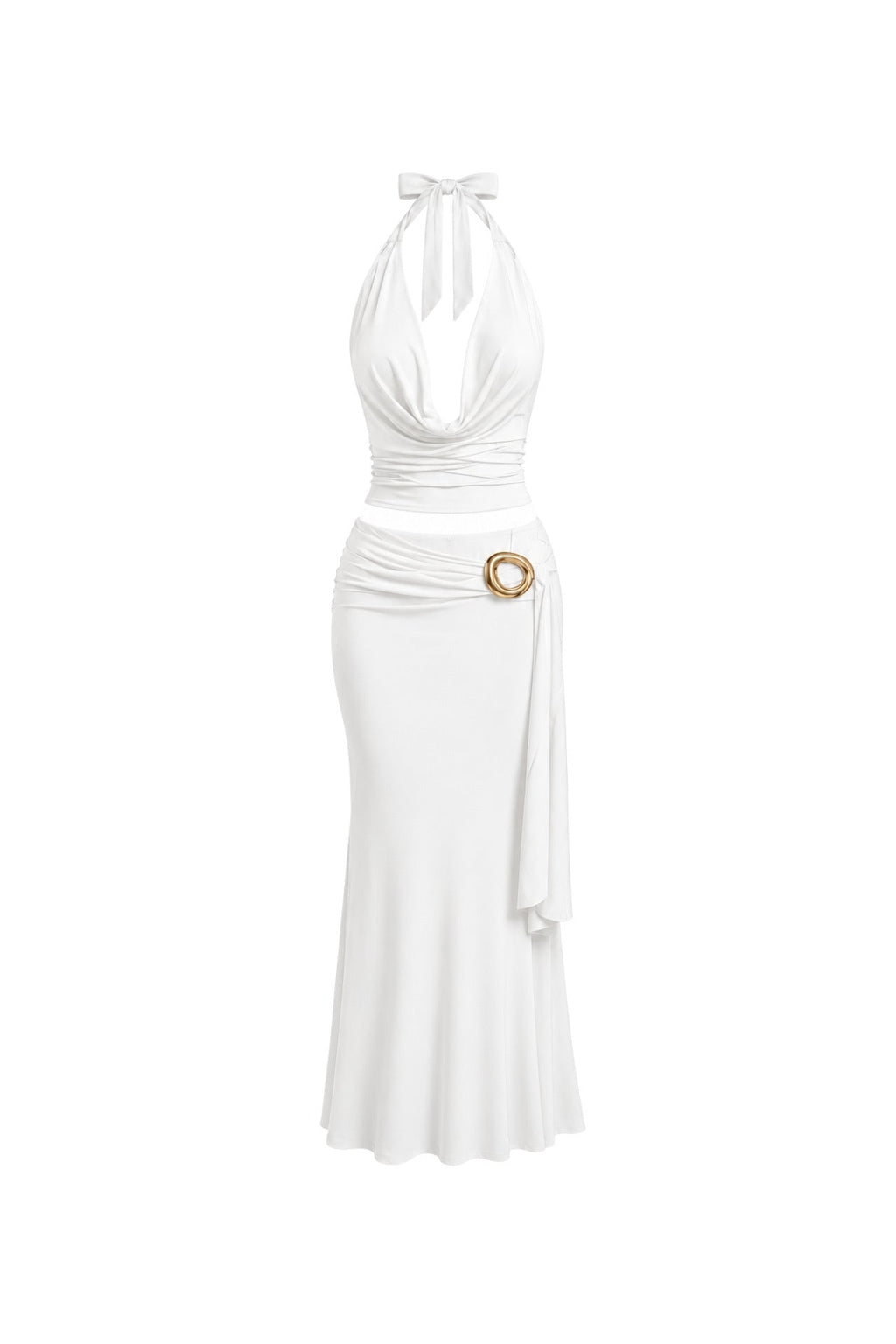 Cowl Neck Blouse Accessory Detail Maxi Skirt Two-Piece White Set