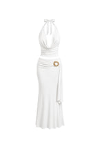 Cowl Neck Blouse Accessory Detail Maxi Skirt Two-Piece White Set