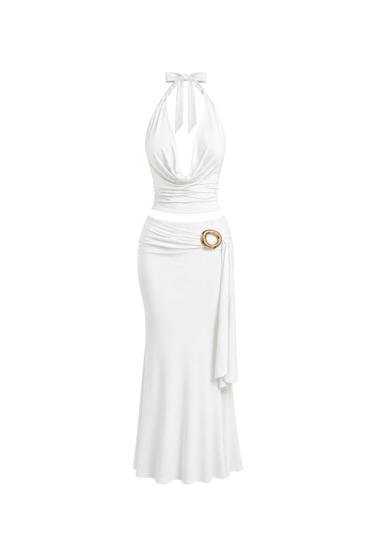 Cowl Neck Blouse Accessory Detail Maxi Skirt Two-Piece White Set