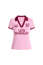 Polo Collar Double Color Printed Pink Crop T-Shirt