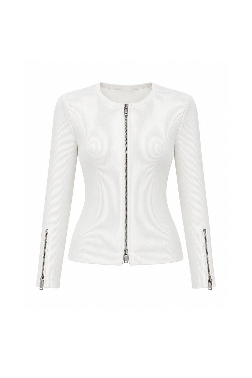 Double Fermuar Long Sleeve White Textured Blouse