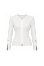 Double Fermuar Long Sleeve White Textured Blouse