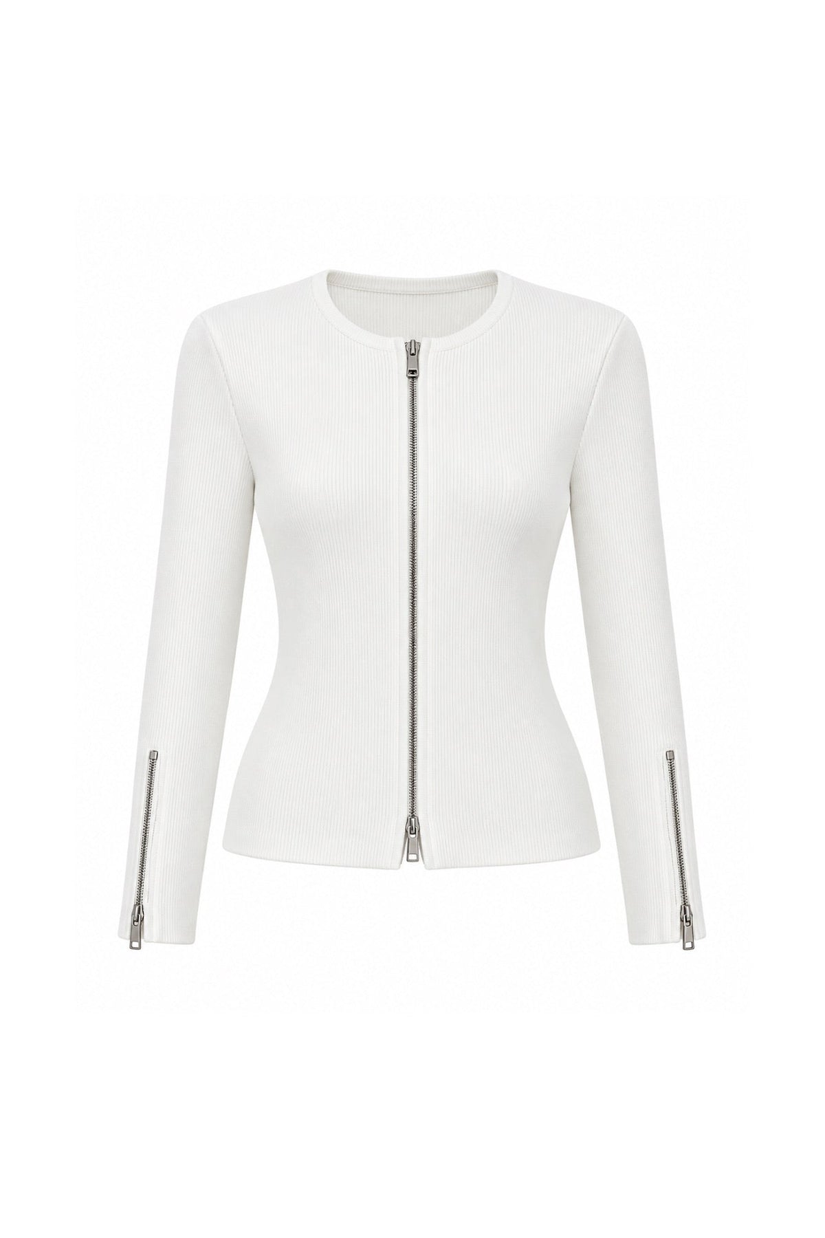 Double Fermuar Long Sleeve White Textured Blouse