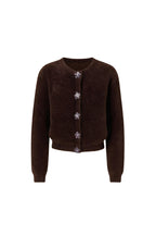 Flower Accessorized Soft-Textured Brown Knit Cardigan