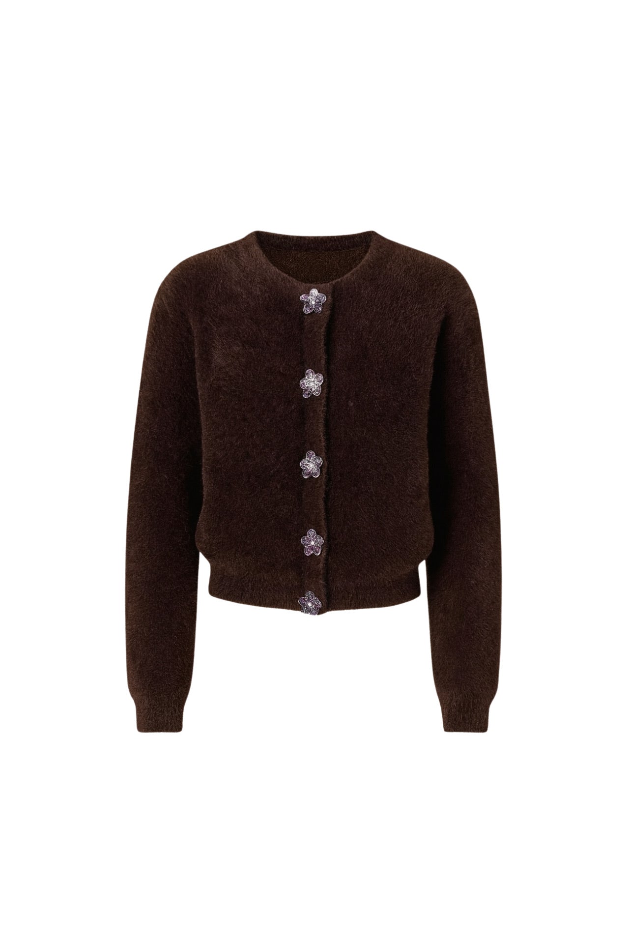Flower Accessorized Soft-Textured Brown Knit Cardigan