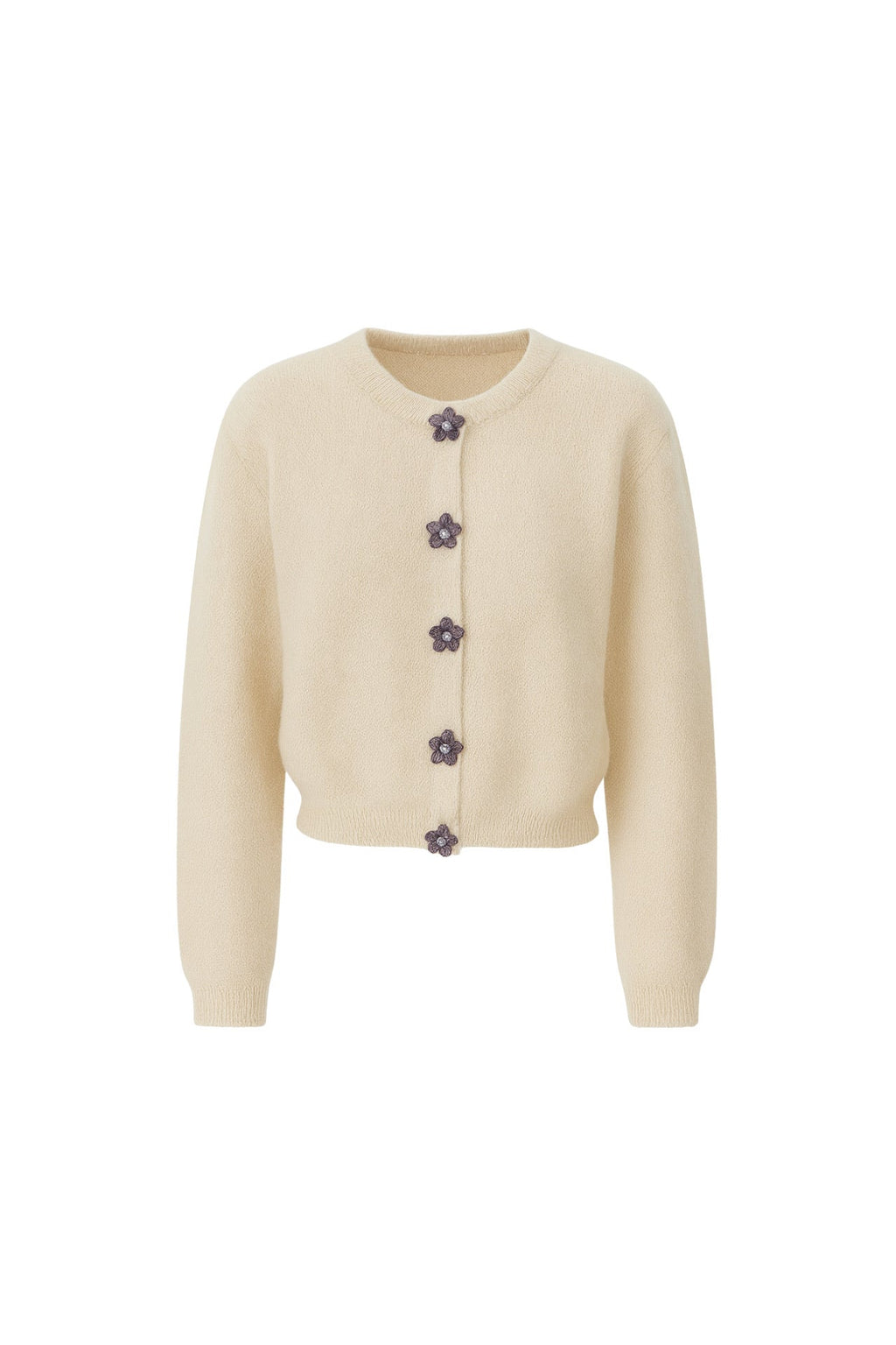 Flower Accessorized Soft-Textured Beige Knit Cardigan