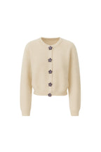 Flower Accessorized Soft-Textured Beige Knit Cardigan