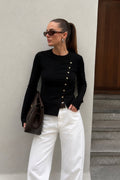 Asimetrik Button Detail Long Sleeve Black Knit Blouse