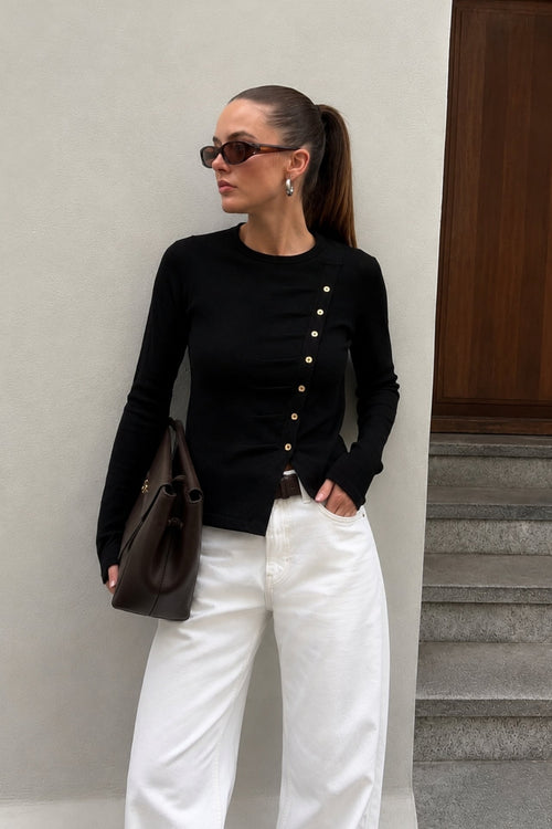 Asimetrik Button Detail Long Sleeve Black Knit Blouse