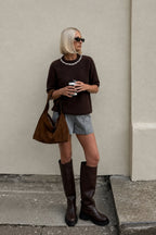 Neck Stone Embellished Half-Sleeve Textured Brown Blouse