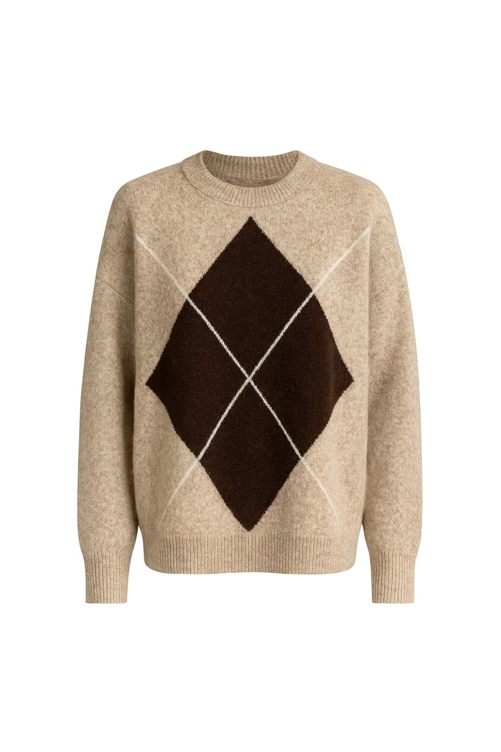 Diamond Pattern Crew Neck Beige Knit Sweater