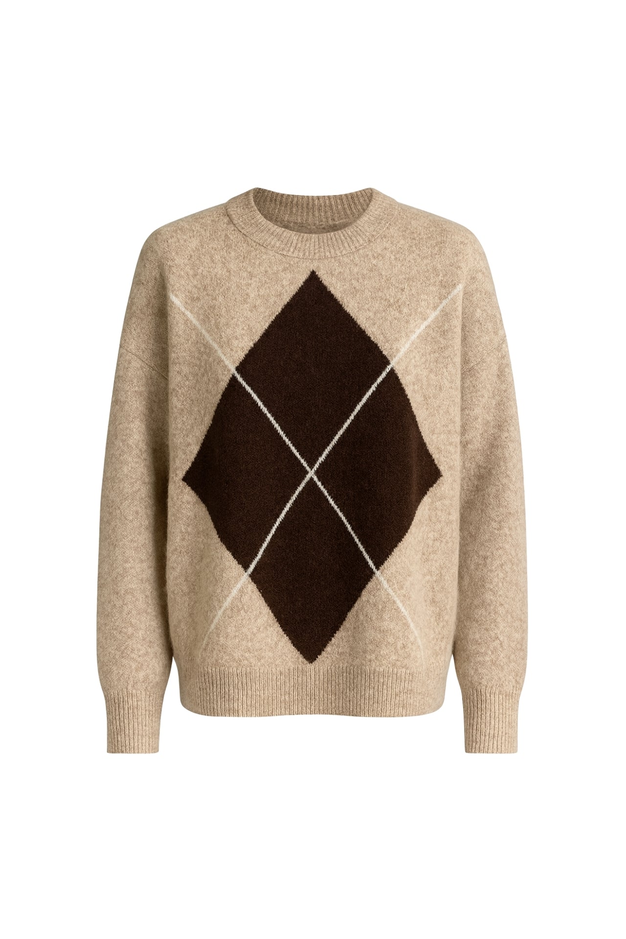 Diamond Pattern Crew Neck Beige Knit Sweater