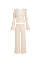 Guipure Detail Flounce Sleeve Blouse High Waist Trousers Double Ecru Transparent Set